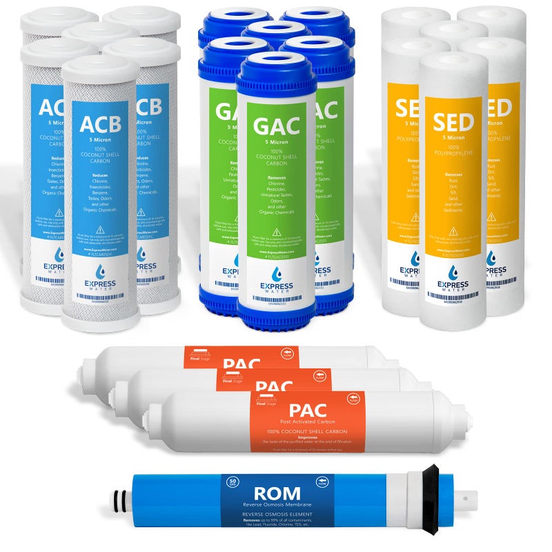 Express Water â€“ 3 Year Reverse Osmosis System Replacement Filter Set â€“ 22 Filters with 50 GPD RO Membrane, Carbon GAC, ACB, PAC Filters, Sediment SED Filters â€“ 10 inch Size Water Filters - Image 1